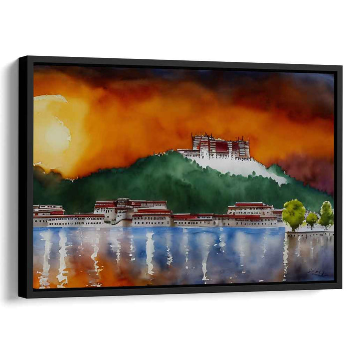 Sapphire Serenity Palace: Majestic Lakeside Palace Watercolor Art Print