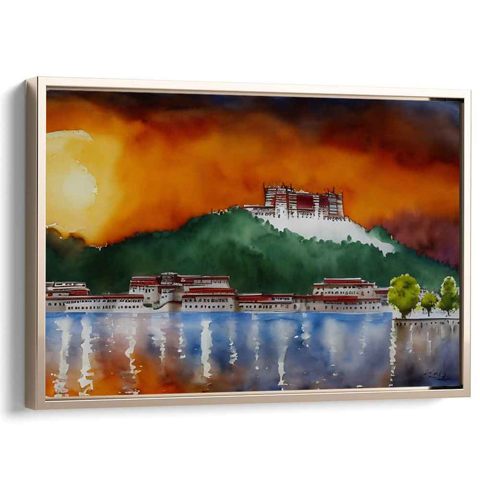 Sapphire Serenity Palace: Majestic Lakeside Palace Watercolor Art Print