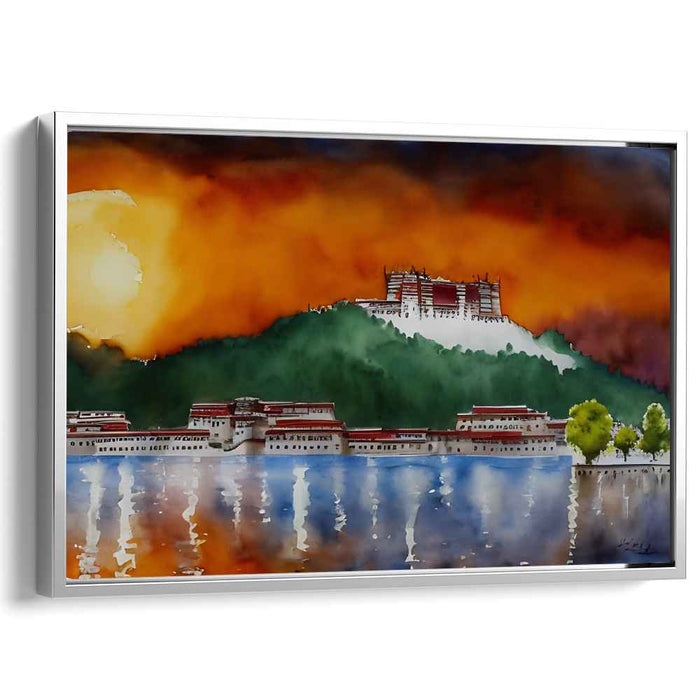 Sapphire Serenity Palace: Majestic Lakeside Palace Watercolor Art Print