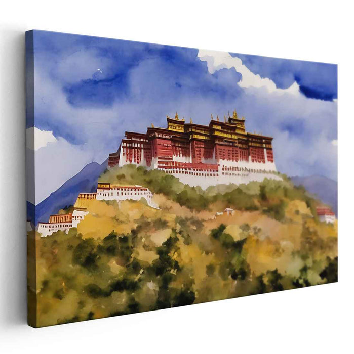 Majestic Mountaintop Palace: Watercolor Landscape Art Print
