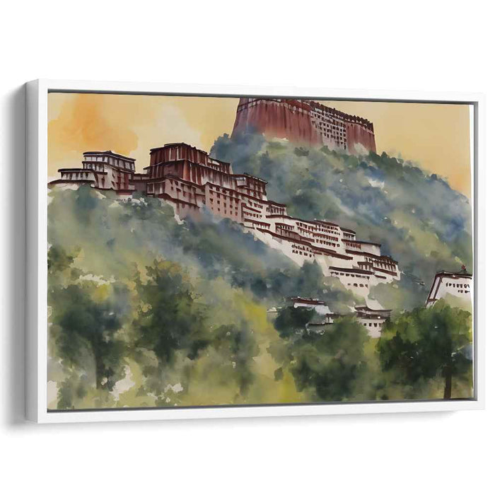 Serenity on the Hillside: Watercolor Landscape of Ancient Monastery