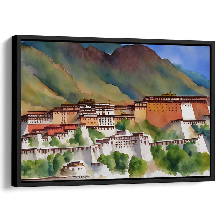 Serene Tibetan Hillside Fortress: Watercolour Landscape Canvas Art Print