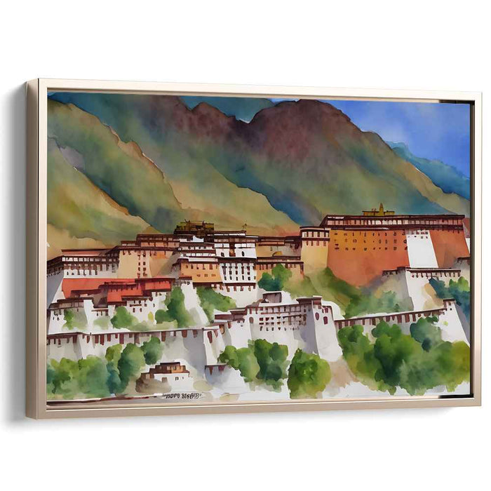 Serene Tibetan Hillside Fortress: Watercolour Landscape Canvas Art Print