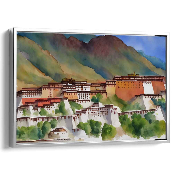 Serene Tibetan Hillside Fortress: Watercolour Landscape Canvas Art Print