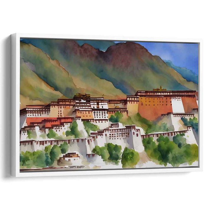 Serene Tibetan Hillside Fortress: Watercolour Landscape Canvas Art Print