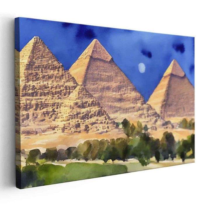 Stellar Sands: Watercolor Pyramids Under a Starry Sky