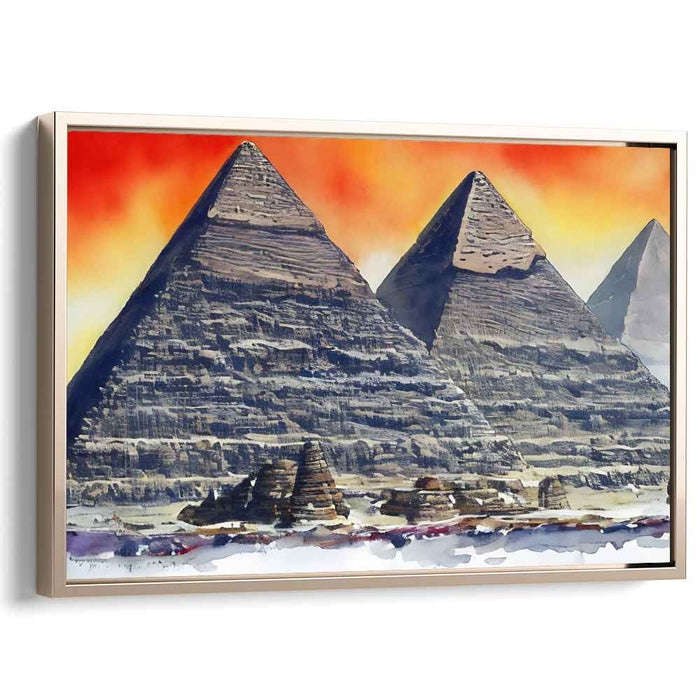 Majestic Pyramids at Sunset: Realistic Watercolor Landscape Canvas Art Print