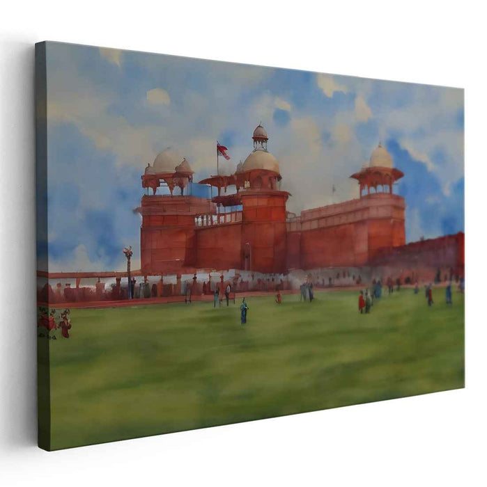 Scarlet Fortress Mirrors: Watercolor Painting of Red Fort in Delhi