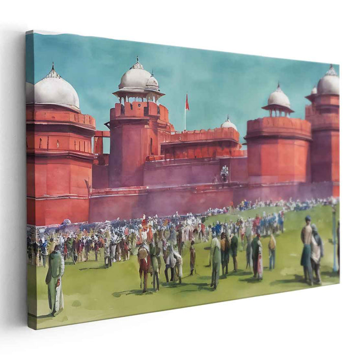 City Pulse by Crimson Citadel: Bustling Life in Front of a Majestic Red Fortress