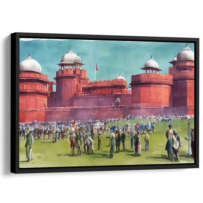 City Pulse by Crimson Citadel: Bustling Life in Front of a Majestic Red Fortress