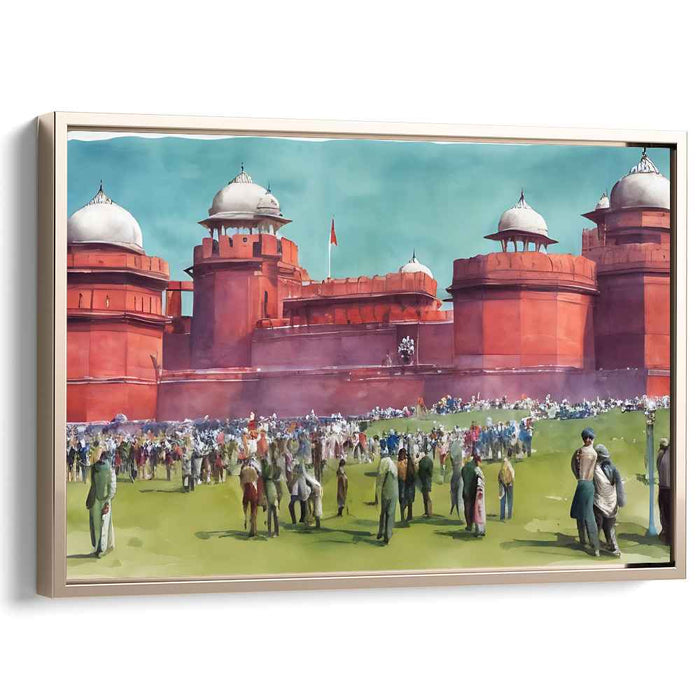 City Pulse by Crimson Citadel: Bustling Life in Front of a Majestic Red Fortress