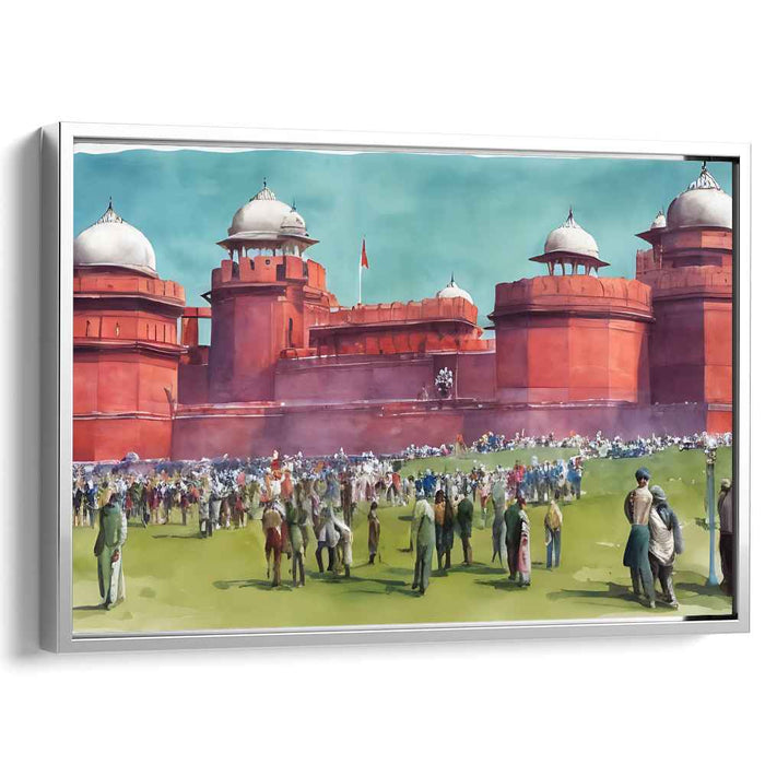 City Pulse by Crimson Citadel: Bustling Life in Front of a Majestic Red Fortress