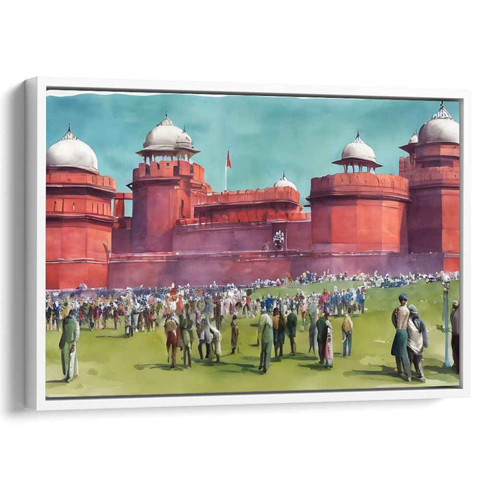 City Pulse by Crimson Citadel: Bustling Life in Front of a Majestic Red Fortress