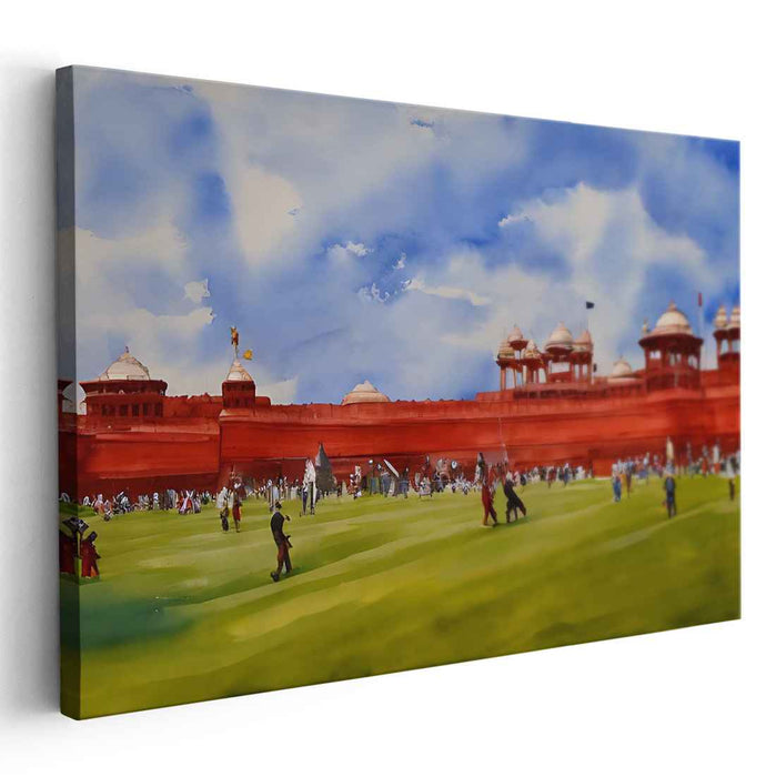 Crimson Citadel Jubilee Mirage: Watercolor Panorama of Red Fort on a Festive Day