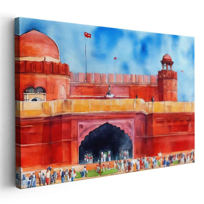 Crimson Citadel Whispers: Watercolor Impression of Red Fort, Delhi