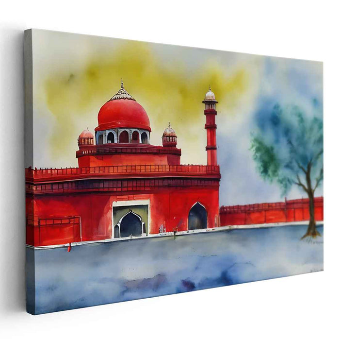 Crimson Spires Reflections: Red Sandstone Dome and Minarets Watercolor Art Print