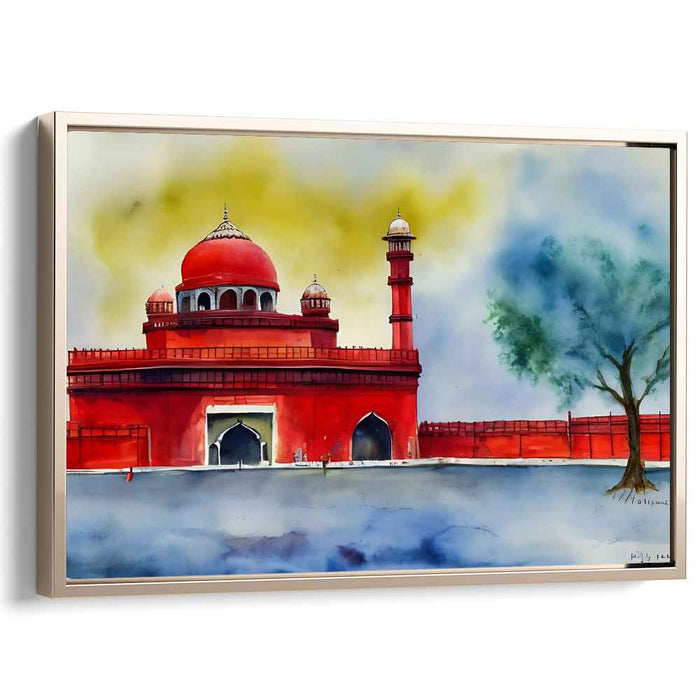 Crimson Spires Reflections: Red Sandstone Dome and Minarets Watercolor Art Print