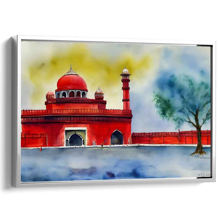 Crimson Spires Reflections: Red Sandstone Dome and Minarets Watercolor Art Print