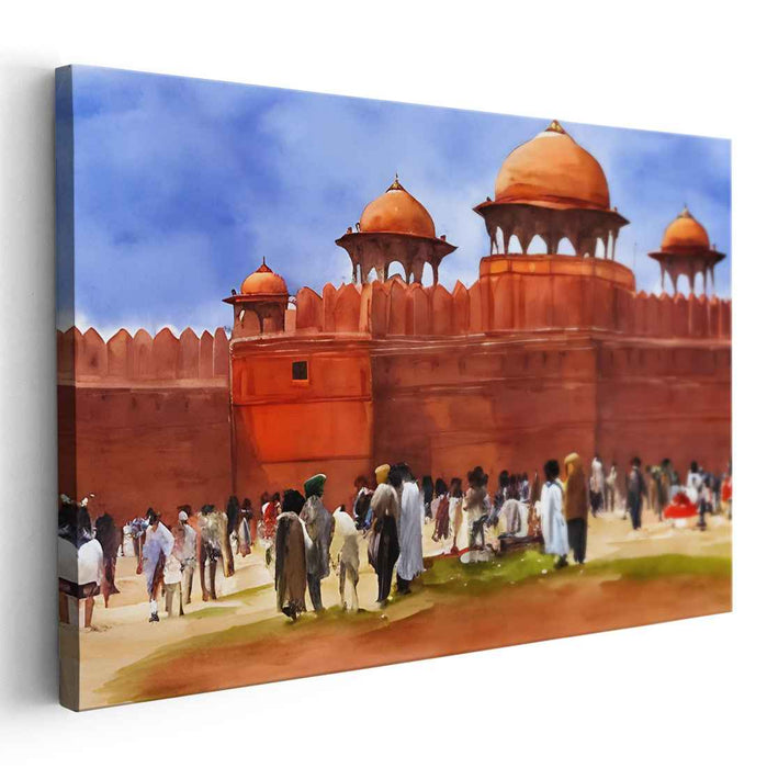 Vibrant Life at the Red Fort: Historical Watercolor Scene
