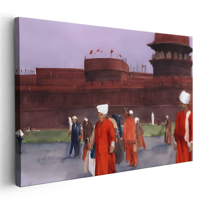 Crimson Dusk at the Red Fort: Historical Watercolor Canvas Art