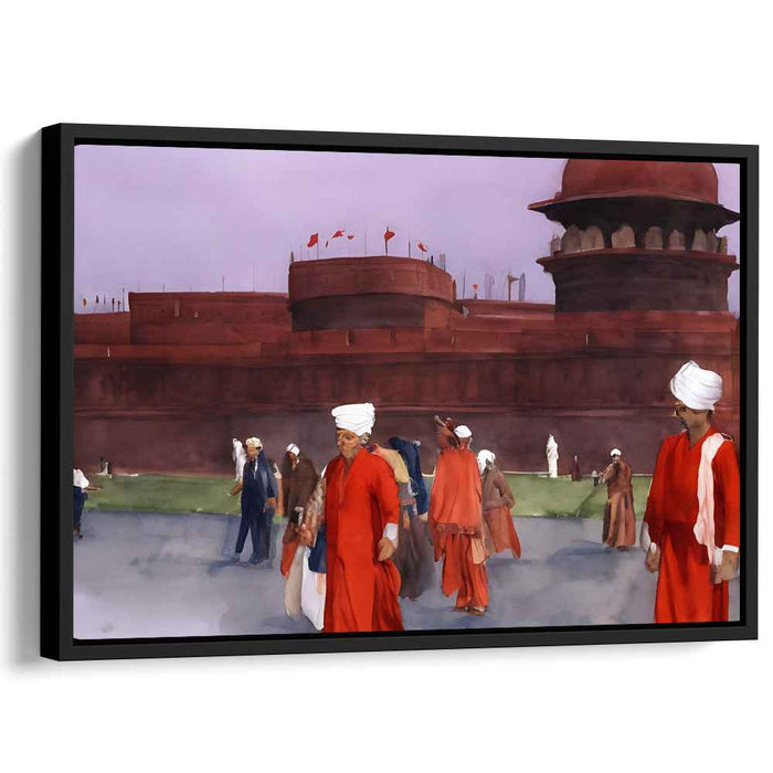 Crimson Dusk at the Red Fort: Historical Watercolor Canvas Art