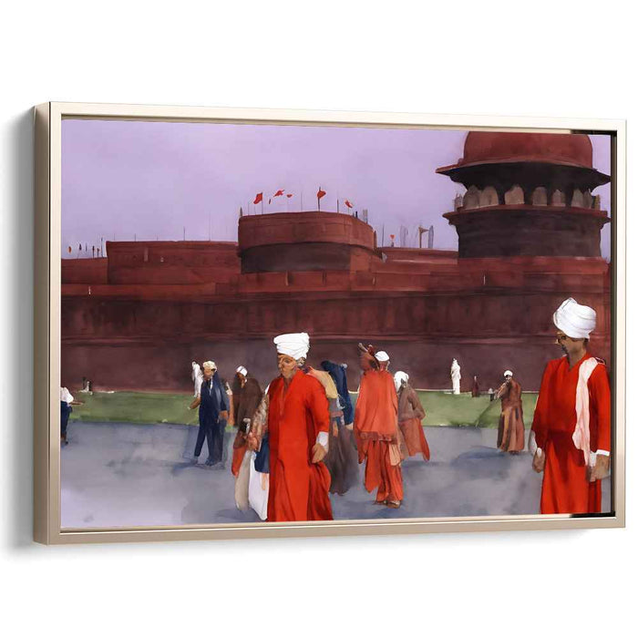 Crimson Dusk at the Red Fort: Historical Watercolor Canvas Art