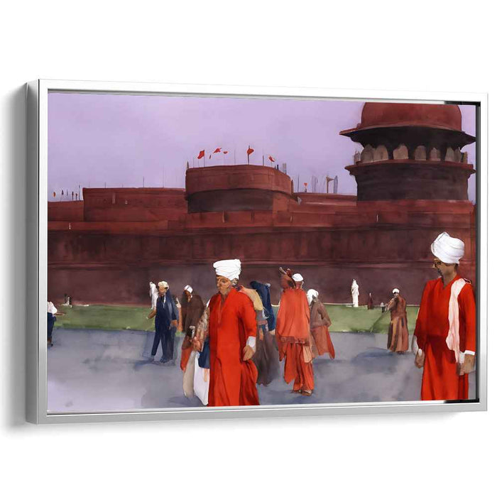 Crimson Dusk at the Red Fort: Historical Watercolor Canvas Art