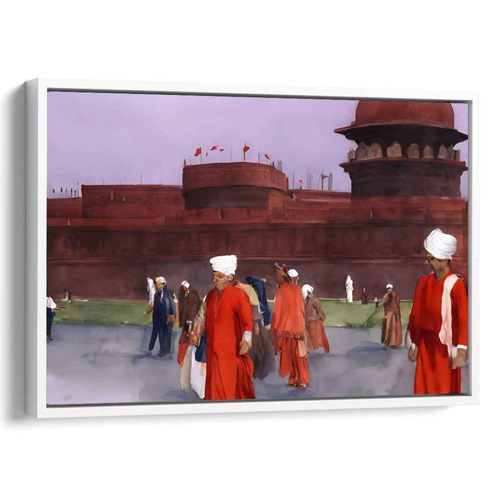 Crimson Dusk at the Red Fort: Historical Watercolor Canvas Art