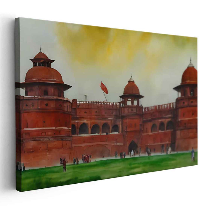 Sunset Serenity at Red Fort: Historical Indian Landmark Watercolor Painting