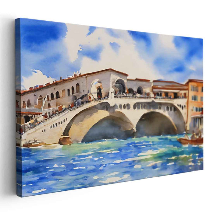 Aquatic Charm of Venetian Arches: Watercolor Rendition of the Rialto Bridge in Venice