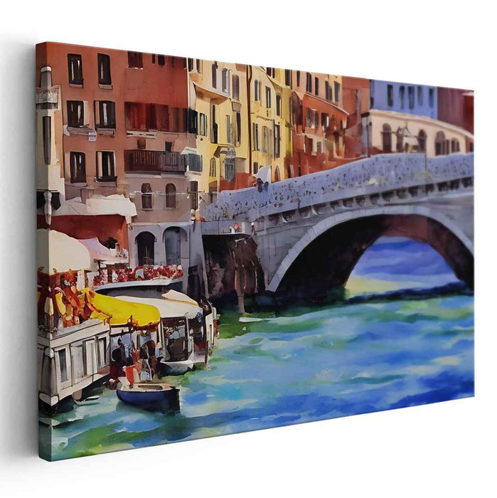 Stone Arch Serenity: Vibrant Canal Scene with Stone Bridge