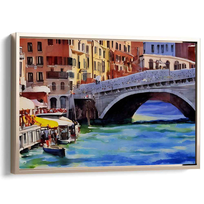 Stone Arch Serenity: Vibrant Canal Scene with Stone Bridge