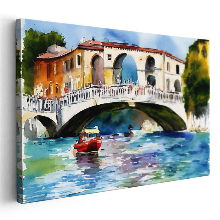 Aquatic Archways: Venetian Rialto Bridge Watercolor Canvas Art Print