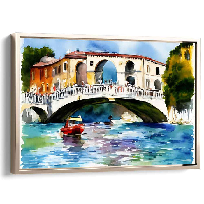 Aquatic Archways: Venetian Rialto Bridge Watercolor Canvas Art Print