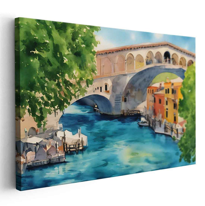 Venetian Elegance Captured: Watercolor Impression of Rialto Bridge on Canvas