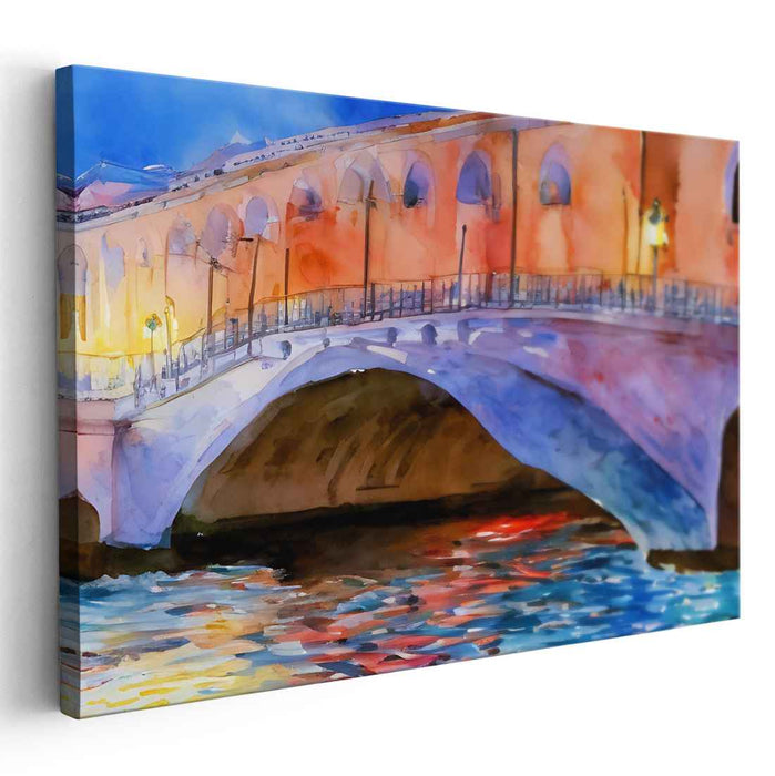 Moonlit Crossing: Watercolor Bridge at Night Canvas Art Print