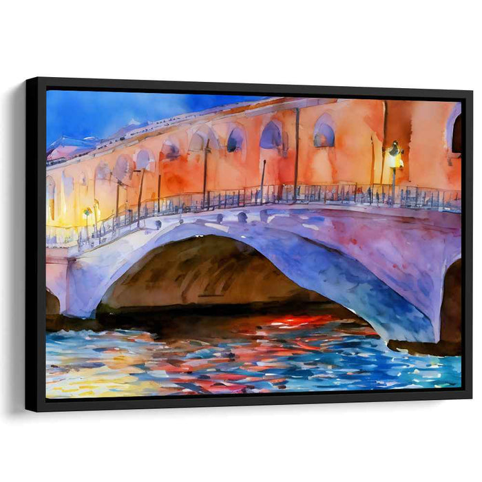 Moonlit Crossing: Watercolor Bridge at Night Canvas Art Print