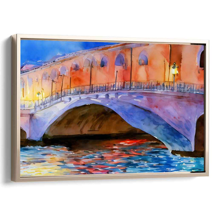 Moonlit Crossing: Watercolor Bridge at Night Canvas Art Print