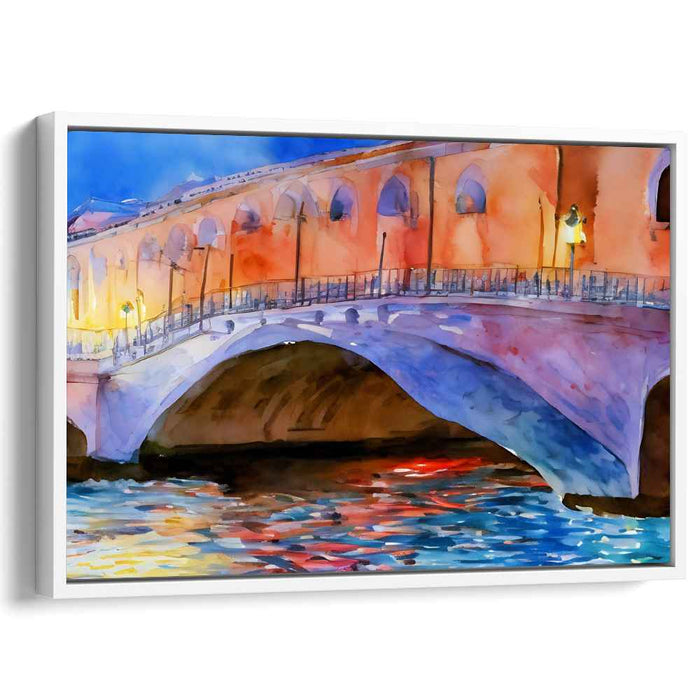 Moonlit Crossing: Watercolor Bridge at Night Canvas Art Print