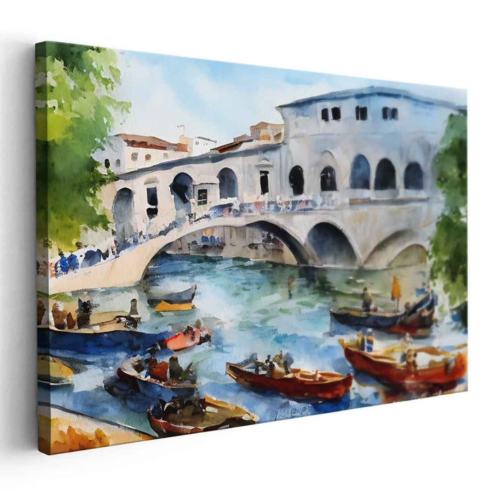 Aquatic Symphonies: Watercolor Impressionist Bridge and Boats Canvas Art