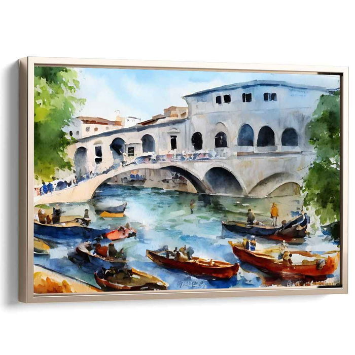 Aquatic Symphonies: Watercolor Impressionist Bridge and Boats Canvas Art