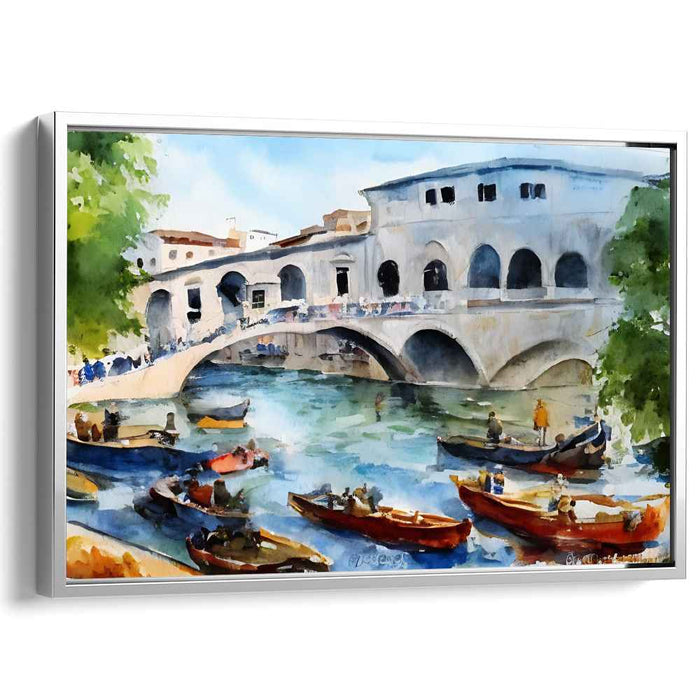 Aquatic Symphonies: Watercolor Impressionist Bridge and Boats Canvas Art