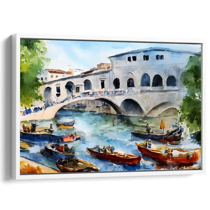 Aquatic Symphonies: Watercolor Impressionist Bridge and Boats Canvas Art