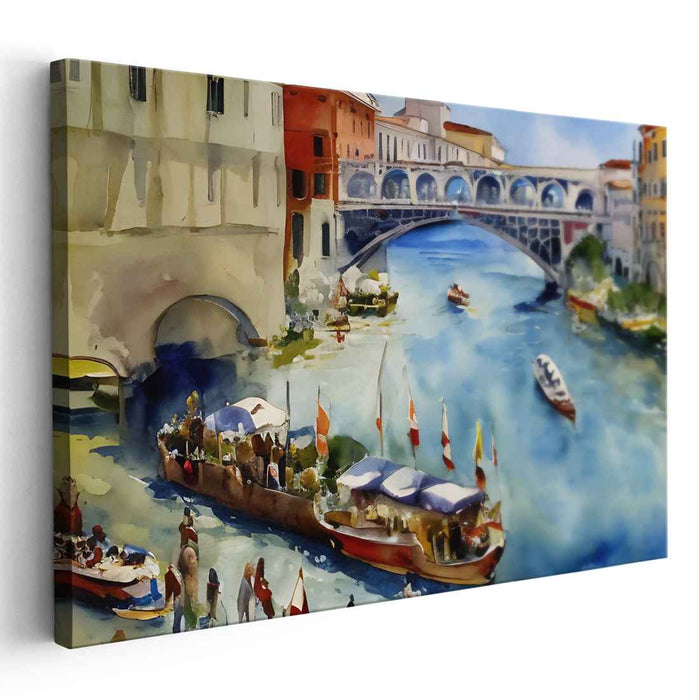 Canal Mosaic: Lively Canal Scene with Colorful Boats Watercolor Painting