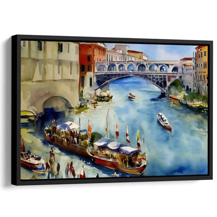 Canal Mosaic: Lively Canal Scene with Colorful Boats Watercolor Painting