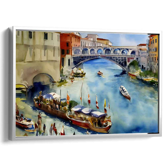 Canal Mosaic: Lively Canal Scene with Colorful Boats Watercolor Painting