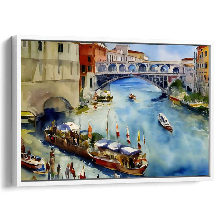 Canal Mosaic: Lively Canal Scene with Colorful Boats Watercolor Painting