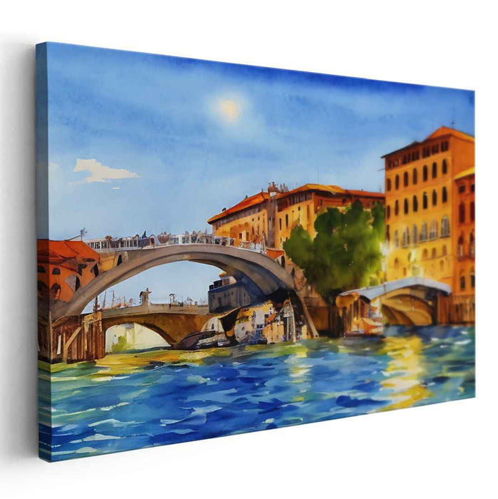 Sunlit Canal: Vibrant European Cityscape Watercolor Art Print
