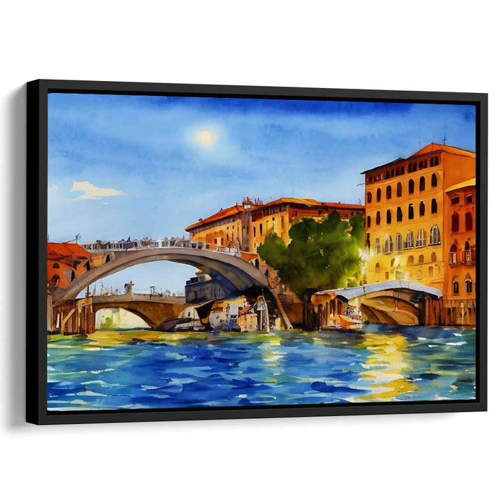 Sunlit Canal: Vibrant European Cityscape Watercolor Art Print