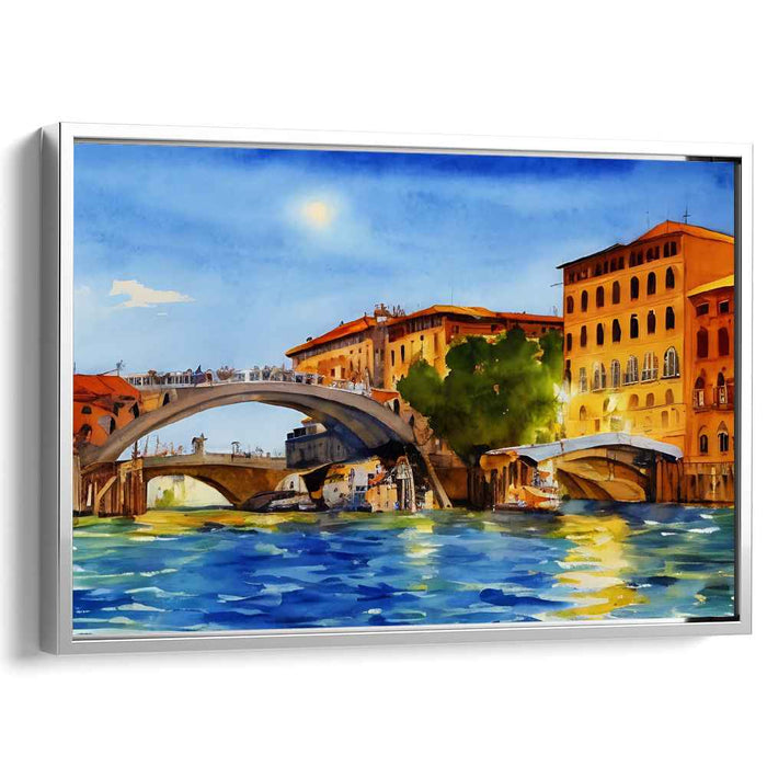 Sunlit Canal: Vibrant European Cityscape Watercolor Art Print